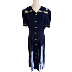 Navy Blue Sailor VTG Dress Crest Buttons 8P Nautical Rockabilly 80s does 40s